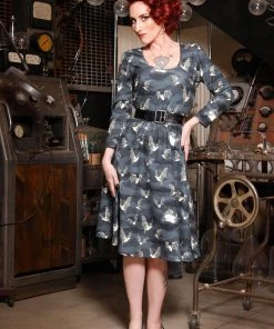 LBHM Shop All In-Stock Items By Size OYS - S - Final Sale - Hannah Scoop Neck Swing Dress In Victorian Bats Print | Laura Byrnes & Hope Morrison