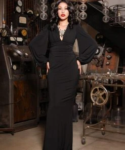 Pinup Girl Clothing Shop All In-Stock Items By Size Gia Art Deco Gown In Black With Bishop Sleeves | Laura Byrnes