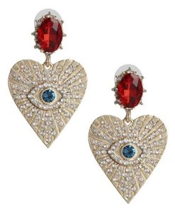 Ole - FashionGo What's New, Pussycat? Evil Eye Ruby & Azure Rhinestone Crystal Pave Heart Earrings