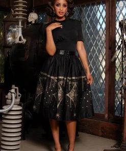 LBHM Final Sale - Bella Gathered Swing Skirt In Black & Gold Deco Spiderweb Border Print | Laura Byrnes & Hope Morrison