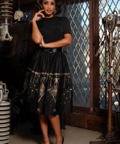 LBHM Final Sale - Bella Gathered Swing Skirt In Black & Gold Deco Spiderweb Border Print | Laura Byrnes & Hope Morrison