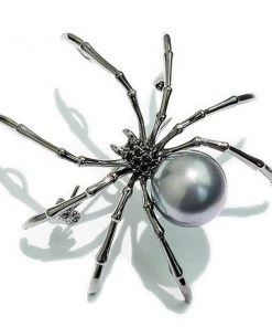 Alibaba The Weaver Spider Vintage Inspired Brooch In Onyx & Pearl What's New, Pussycat?