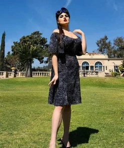 Final Sale - Butterfly 40's Tulip Dress In Black Widow Spiderweb Crepe | Pinup Couture Shop All In-Stock Items By Size