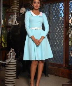 Shop All In-Stock Items By Size Final Sale - Madison Long Sleeve Dress In Blue Ponte With Ivory Contrast Collar | Pinup Couture