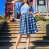 What's New, Pussycat? Bella Vintage Gathered Swing Skirt In Blue House Harlequin | Pinup Couture 1 What's New, Pussycat? Bella Vintage Gathered Swing Skirt In Blue House Harlequin | Pinup Couture