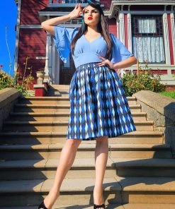 What's New, Pussycat? Bella Vintage Gathered Swing Skirt In Blue House Harlequin | Pinup Couture