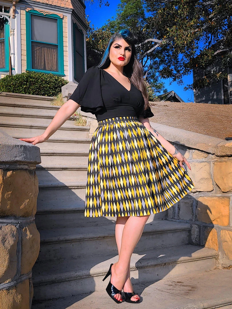 Bella Vintage Gathered Swing Skirt In Yellow House Harlequin | Pinup Couture What's New, Pussycat? 3 Bella Vintage Gathered Swing Skirt In Yellow House Harlequin | Pinup Couture What's New, Pussycat?