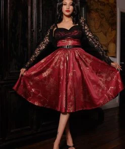 Shop All In-Stock Items By Size Final Sale - Courtney Vintage Swing Dress In Burgundy & Gold Witchy Toile Satin | Pinup Couture