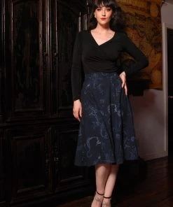 Laura Byrnes Design Shop All In-Stock Items By Size Final Sale - Viva 40s Tulip Skirt In Blue & Silver Witchy Toile Print | Laura Byrnes
