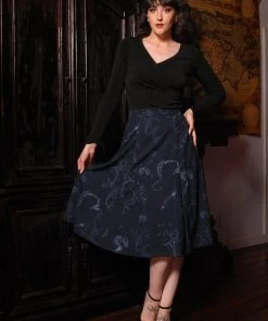 Laura Byrnes Design Shop All In-Stock Items By Size Final Sale - Viva 40s Tulip Skirt In Blue & Silver Witchy Toile Print | Laura Byrnes