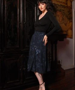 Laura Byrnes Design Shop All In-Stock Items By Size Final Sale - Viva 40s Tulip Skirt In Blue & Silver Witchy Toile Print | Laura Byrnes