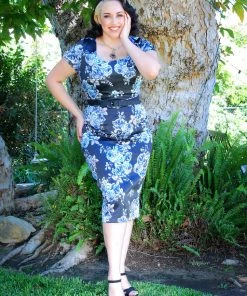 Laura Byrnes Design Shop All In-Stock Items By Size OYS Laura Wiggle Dress In Vintage Blue Roses Stretch Satin | Laura Byrnes