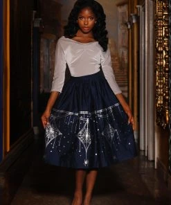 LBHM Bella Skirt In Blue & Silver Deco Spiderweb Border Print | Laura Byrnes & Hope Johnstun