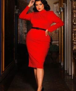 Final Sale - Jackie Mock Neck Wiggle Dress In Red | Laura Byrnes Design