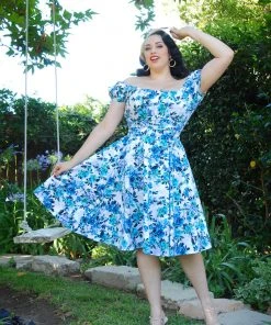 Pinupgirlclothing.com OYS Final Sale - Vintage Gathered Circle Skirt In Blue Floral | Pinup Couture Shop All In-Stock Items By Size