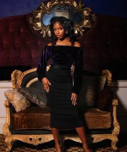 Pinup Girl Clothing Shop All In-Stock Items By Size Final Sale - Swann Long Sleeve Peasant Top In Purple Stretch Velvet | Pinup Couture