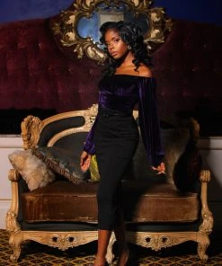 Pinup Girl Clothing Shop All In-Stock Items By Size Final Sale - Swann Long Sleeve Peasant Top In Purple Stretch Velvet | Pinup Couture