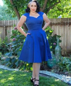 Pinupgirlclothing.com Shop All In-Stock Items By Size Final Sale - Vintage Style Pinup Heidi A-Line Dress In Solid Blue | Pinup Couture
