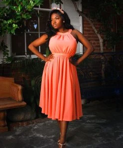 Pinupgirlclothing.com Final Sale - Maybelle Gathered Swing Dress In Solid Peach | Laura Byrnes