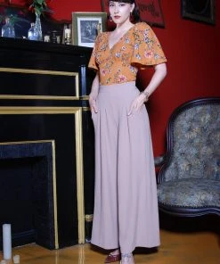 Final Sale - Dietrich Vintage Wide Leg Palazzo Pants In Beige Crepe | Laura Byrnes Design