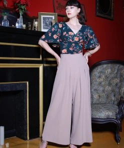 Final Sale - Dietrich Vintage Wide Leg Palazzo Pants In Beige Crepe | Laura Byrnes Design