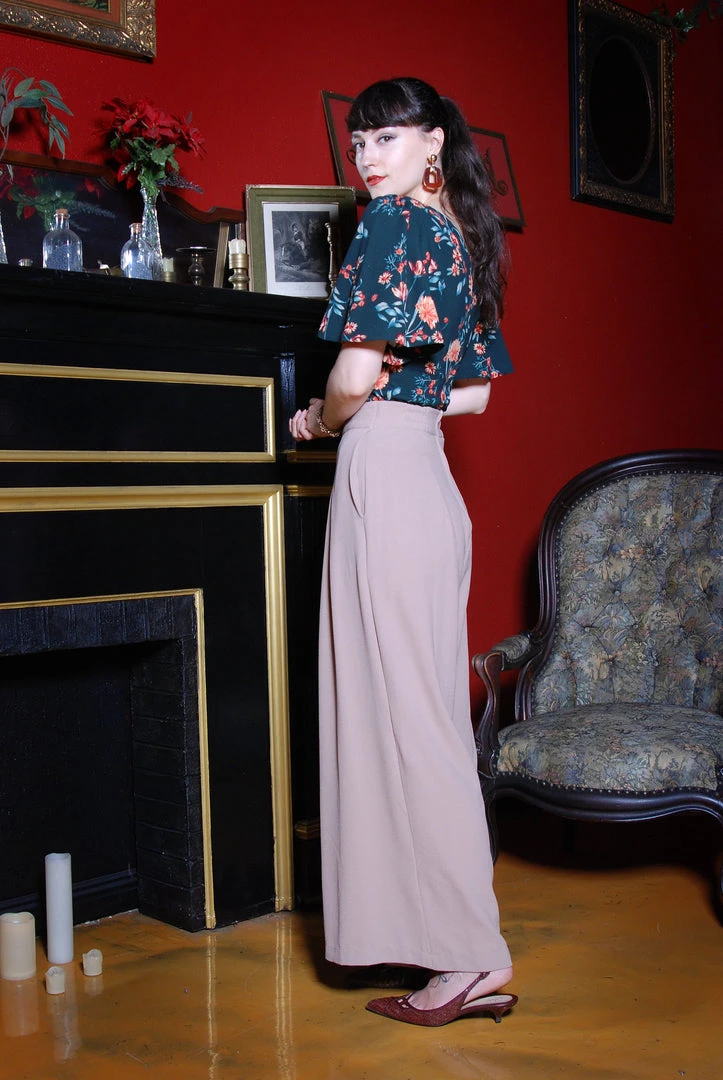 What's New, Pussycat? Viva Top - Vintage 40's Style Flutter Sleeve Blouse In Hunter Green Floral Crepe | Laura Byrnes Design 4 What's New, Pussycat? Viva Top - Vintage 40's Style Flutter Sleeve Blouse In Hunter Green Floral Crepe | Laura Byrnes Design