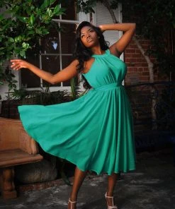 Pinupgirlclothing.com Final Sale - Maybelle Gathered Swing Dress In Solid Jade | Laura Byrnes