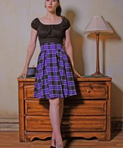 Pinupgirlclothing.com Shop All In-Stock Items By Size Final Sale - Little Jun Black And Purple Plaid Box Pleated Vintage Skirt Laura Byrnes