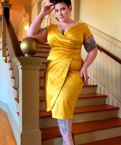What's New, Pussycat? Ava Faux Wrap Wiggle Dress In Golden Mustard Satin | Pinup Couture