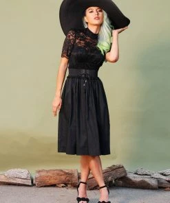 Shop All In-Stock Items By Size Petite Bella Vintage Gathered Swing Skirt In Solid Black Sateen | Pinup Couture