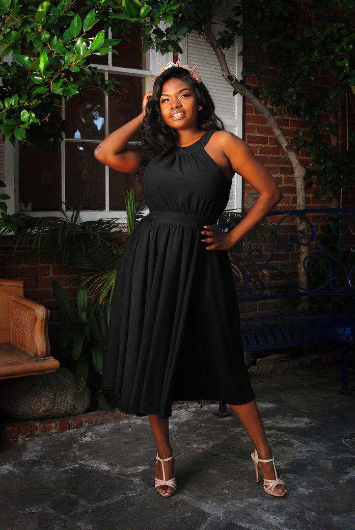 Pinupgirlclothing.com Maybelle Gathered Swing Dress In Solid Black | Laura Byrnes 7 Pinupgirlclothing.com Maybelle Gathered Swing Dress In Solid Black | Laura Byrnes