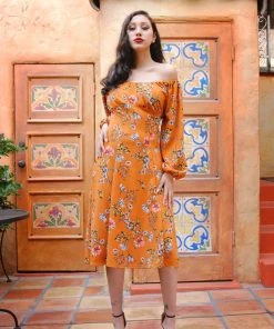 Pinupgirlclothing.com Shop All In-Stock Items By Size Final Sale - The Swann Dress In Mustard Floral Stretch Crepe | Pinup Couture 11 Pinupgirlclothing.com Shop All In-Stock Items By Size Final Sale - The Swann Dress In Mustard Floral Stretch Crepe | Pinup Couture