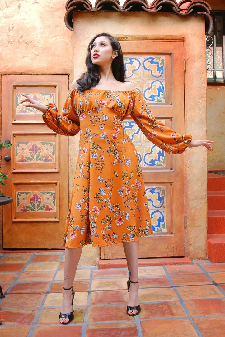 Pinupgirlclothing.com Shop All In-Stock Items By Size Final Sale - The Swann Dress In Mustard Floral Stretch Crepe | Pinup Couture 8 Pinupgirlclothing.com Shop All In-Stock Items By Size Final Sale - The Swann Dress In Mustard Floral Stretch Crepe | Pinup Couture