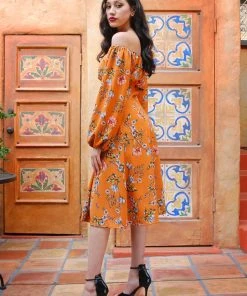 Pinupgirlclothing.com Final Sale - The Swann Dress In Mustard Floral Stretch Crepe | Pinup Couture Shop All In-Stock Items By Size