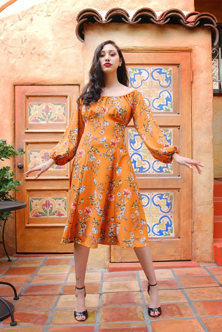 Pinupgirlclothing.com Shop All In-Stock Items By Size Final Sale - The Swann Dress In Mustard Floral Stretch Crepe | Pinup Couture 5 Pinupgirlclothing.com Shop All In-Stock Items By Size Final Sale - The Swann Dress In Mustard Floral Stretch Crepe | Pinup Couture