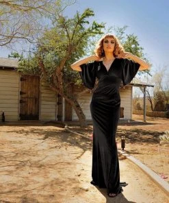 Pinupgirlclothing.com Shop All In-Stock Items By Size Final Sale - Valeria Deco Maxi Gown In Black Stretch Velvet | Laura Byrnes Design
