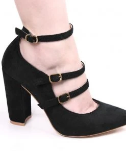 LUV Fashion Shoes - FashionGo Samantha 3 Strap Pump In Black Faux Suede