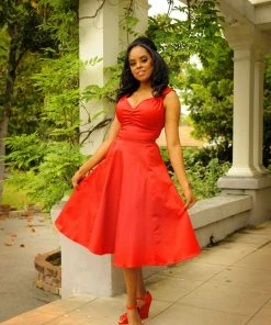 Pinupgirlclothing.com Final Sale - Vintage Inspired Heidi Dress In Solid Red Cotton Sateen | Pinup Couture