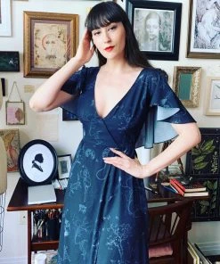 Laura Byrnes Design Final Sale - Ashley 70s Faux Wrap Maxi Dress With Cape Sleeves In Witchy Toile Print | Laura Byrnes