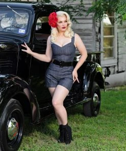 Laura Byrnes Design Final Sale - Laura Byrnes Daphne Short Overalls In Dark Blue Denim Shop All In-Stock Items By Size