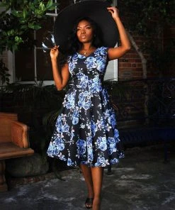 Pinupgirlclothing.com Shop All In-Stock Items By Size Final Sale - Celia Dress In Blue Roses Cotton Sateen | Pinup Couture