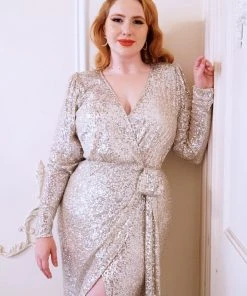 Final Sale - Dynasty 70s Sequined Wrap Gown In Champagne Gold | Rubber Ducky Shop All In-Stock Items By Size