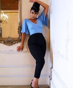 What's New, Pussycat? Viva Top Vintage 40's Inspired Flutter Sleeve Blouse In Light Blue | Laura Byrnes Design