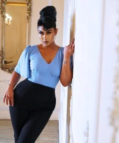 What's New, Pussycat? Viva Top Vintage 40's Inspired Flutter Sleeve Blouse In Light Blue | Laura Byrnes Design