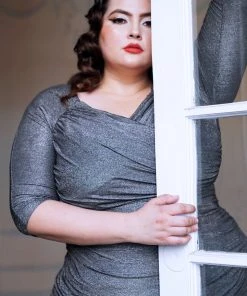 Laura Byrnes Design Laura Byrnes California Monica Wiggle Dress In Black And Silver Lurex Knit Shop All In-Stock Items By Size