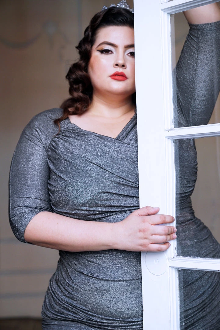 Laura Byrnes Design Shop All In-Stock Items By Size Laura Byrnes California Monica Wiggle Dress In Black And Silver Lurex Knit 4 Laura Byrnes Design Shop All In-Stock Items By Size Laura Byrnes California Monica Wiggle Dress In Black And Silver Lurex Knit