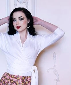 Final Sale - Long Sleeve Wrap Top In White Cotton Sateen | Couture For Every Body