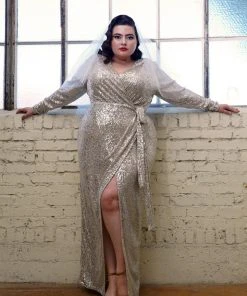 Final Sale - Dynasty 70s Sequined Wrap Gown In Champagne Gold | Rubber Ducky Shop All In-Stock Items By Size