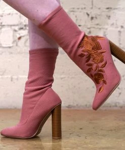 Hot Issue Fashion - FashionGo Shop All In-Stock Items By Size Final Sale - Flora Embroidered High Heel Booties In Rose