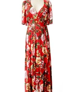 Final Sale - Katy 70s Maxi Dress In Red Floral Cotton Jersey Knit | Pinup Couture